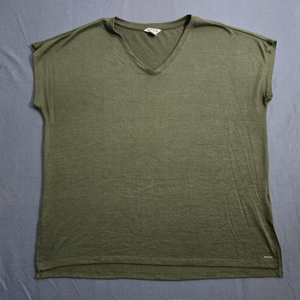 Orvis Top Women XXL Green Tunic Knit Short Cap Sleeve V Neck Shirt